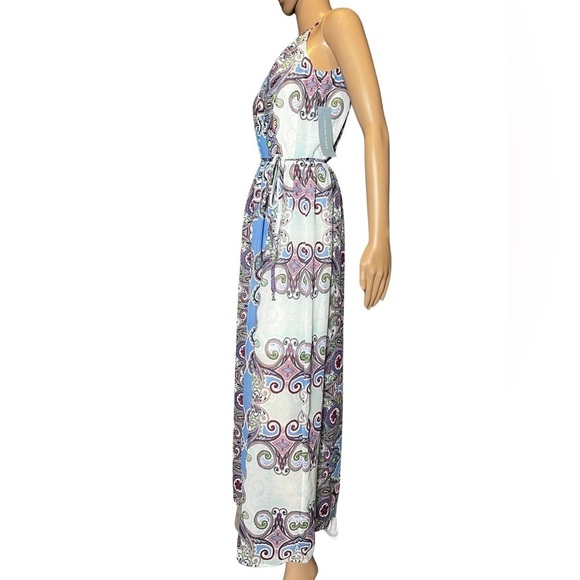 London Times Halter Printed Floral Boho maxi Key Hold dress with tie belt Size 4 - Picture 11 of 14